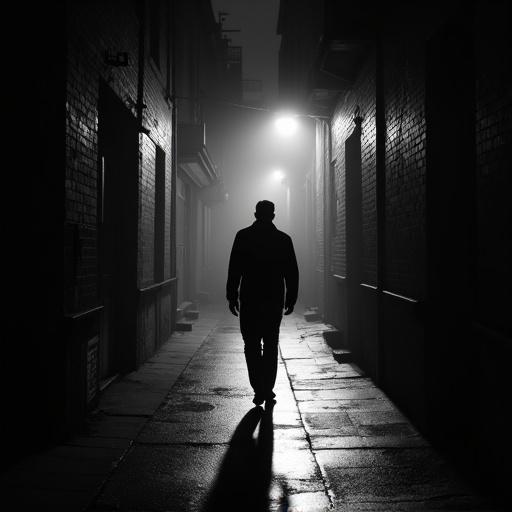 Classic film noir image of a man walking at night. Dramatic chiaroscuro lighting creates strong contrasts. High contrast black and white treatment. Dutch angle close-up shot in an urban alley filled with shadows. 1940s film noir aesthetic.