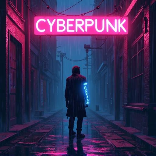 Pixel art illustration with a neon sign saying CYBERPUNK in a rainy alleyway. The sign glows pink and reflects on the wet ground. A shadowy figure with blue glowing cybernetic implants stands near the sign. The scene is dark with steam rising from a grate. The color palette includes deep blue, purple, and electric pink.