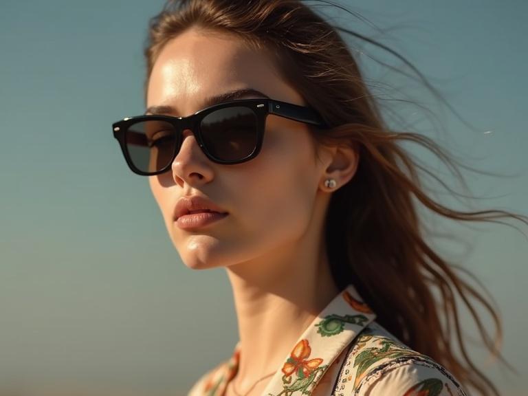 Image of a model in sunglasses. Focus on the face and sunglasses. Outdoor setting with clear sky. Long hair blowing gently. Soft lighting for a warm look.