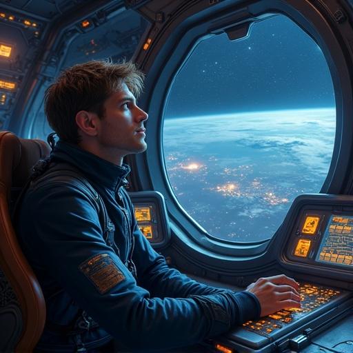 Pilot in futuristic spaceship cockpit wearing high-tech dark blue space suit. Focused expression while controlling the ship. Surrounding him are glowing screens and panels. Night view of earth visible through large portholes with illuminated city lights. Cockpit is darker with blue-white and orange light effects. Realistic and cinematic style with detailed elements of space and technology.