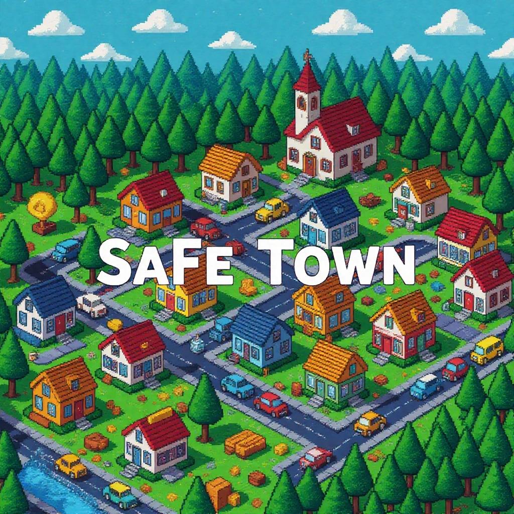 Generate an image of a safe town with colorful houses and trees in a peaceful layout.