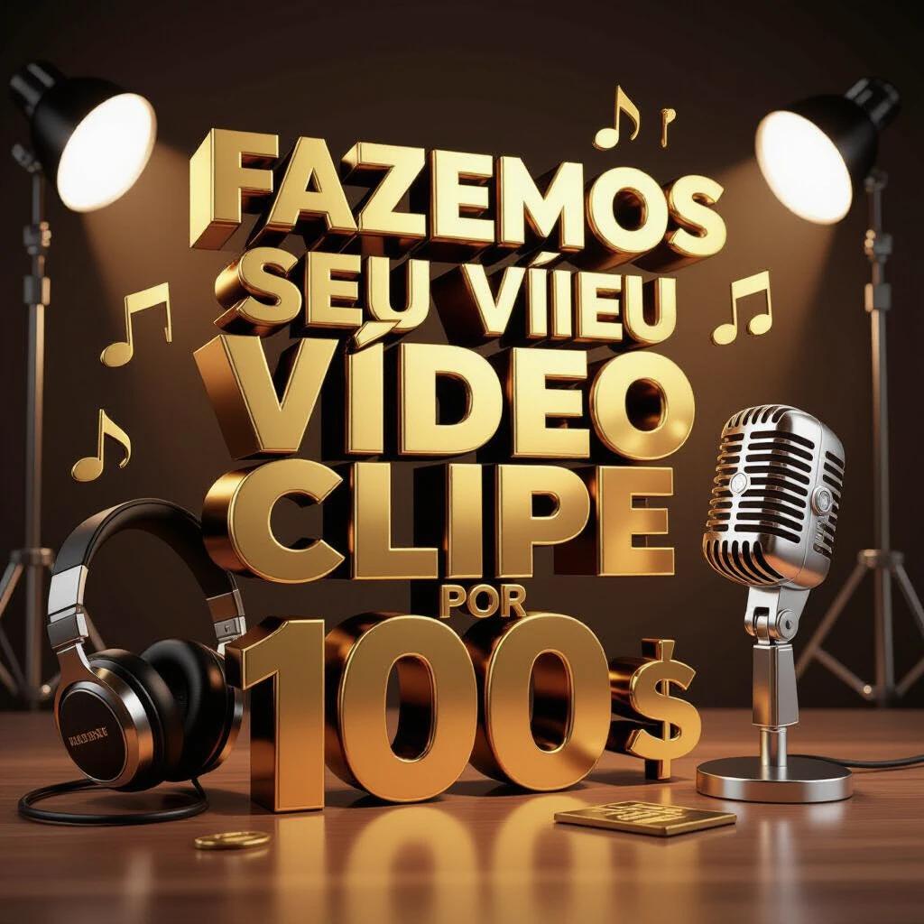 3D text 'FAZEMOS SEU VÍDEO CLIPE COM LEGENDAS POR 100 REAIS' with metallic finish and music notes. Includes headphone and microphone in a home studio setup. Brown and gold color scheme with professional lighting.