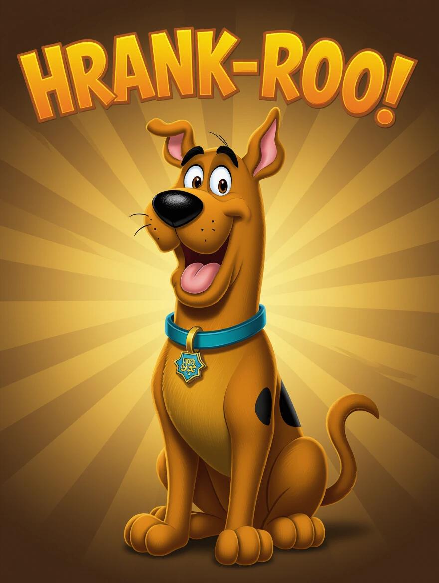 A 3D full-body illustration of Scooby Doo. Scooby Doo is smiling in the center. Text reads 'Hrank-roo!' above the character. Warm gradient background surrounds the image.