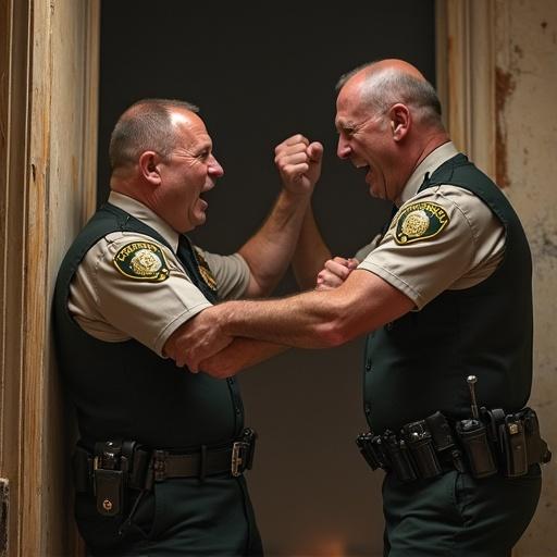 Sheriffs fight in an intense confrontation. Both display anger. The scene captures a moment of struggle. The environment is somber and dramatic. Dominant colors are dark and muted. Focus is on the sheriffs and their actions.