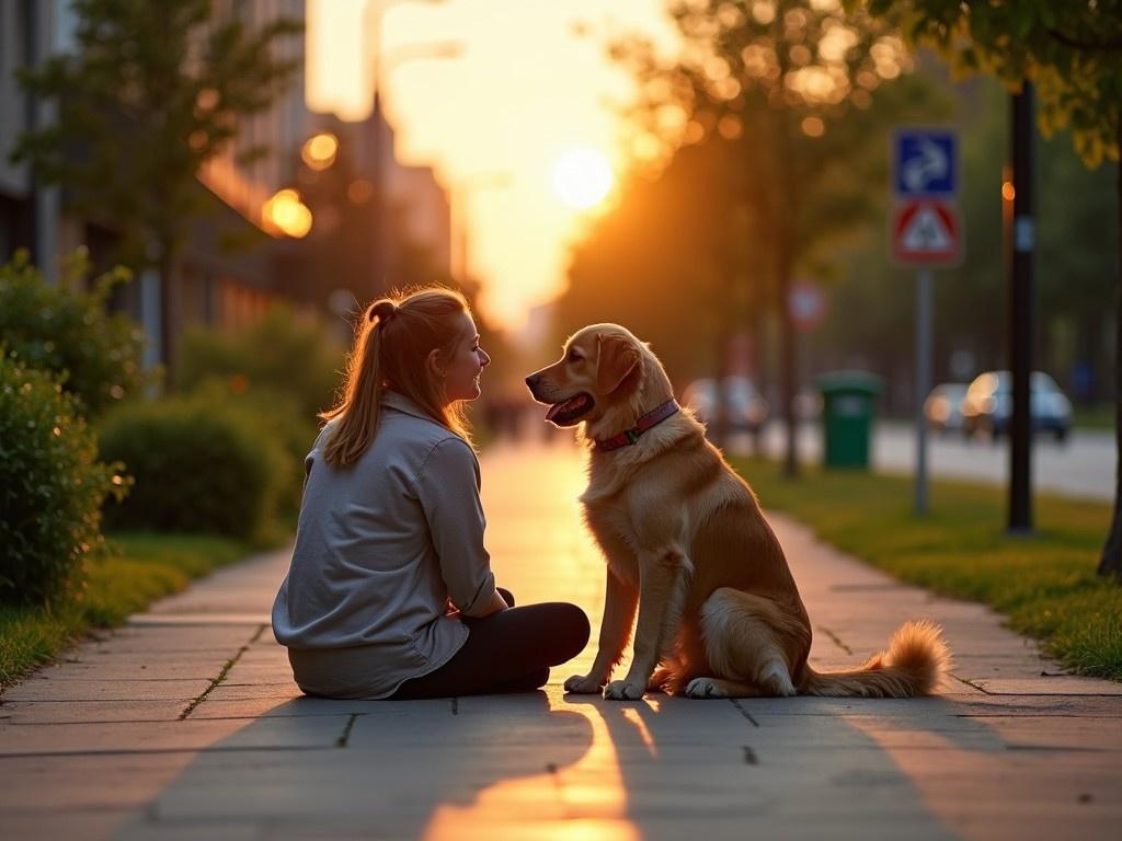 The image depicts a golden retriever and a young woman sitting together on a footpath. The sun sets in the background, casting a warm glow over the scene. The woman is making eye contact with her dog, showcasing a strong bond. The surrounding area is serene, with green foliage and urban elements in the background. This moment captures the beauty of companionship between a person and their pet.