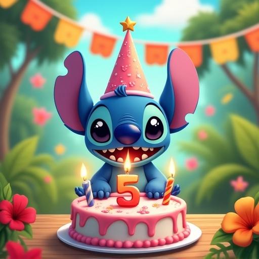Stitch character celebrating a 5th birthday party. Scene features a colorful birthday cake with candles. Background shows tropical park with flowers and festive banner.