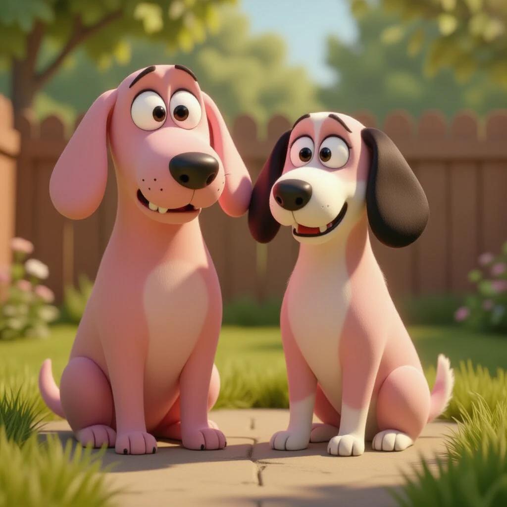 Create a vivid 3D Pixar-style imagery with two distinctive looking dogs side by side in a sunny backyard. First dog is a light pink Courage; elongated shape; thin legs with no joints; panic expression with huge white eyes and big oval nose. Second dog is Scooby-Doo; brown fur with black spots; large muscular build; friendly but scared expression with broad head. Backyard setting has simple green grass and wooden fence. Render vibrant colors and soft shadows typical of Pixar animation.