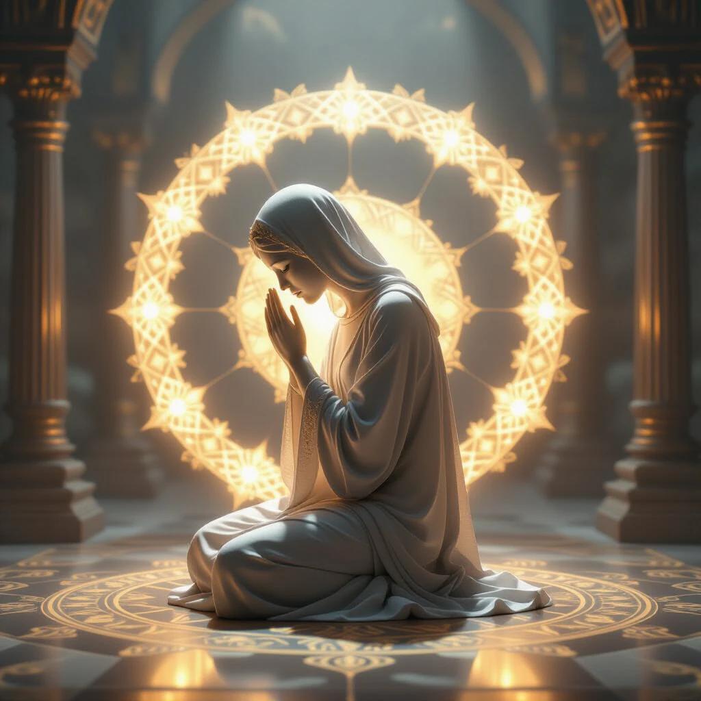 An ancient esoteric page serves as a backdrop, featuring an ethereal two-dimensional figure representing a spirit. The figure kneels with its head bowed in a fetal position. Surrounding the spirit is an ancient glowing circle, with the figure positioned inside it. The spirit should not be a real being but an ethereal entity. A hyper-realistic 3D rendering captures intricate details and bright lighting.