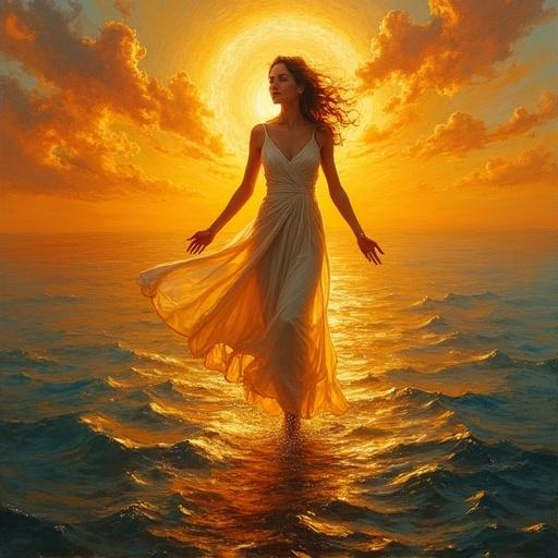Celestial woman rises above glowing sea at sunset. Form rendered in thick oil layers that shimmer like molten light. Golden hues radiate from every fold of dress. Oil paint style with textured brushstrokes. Rich color blending. Luminous and timeless atmosphere.