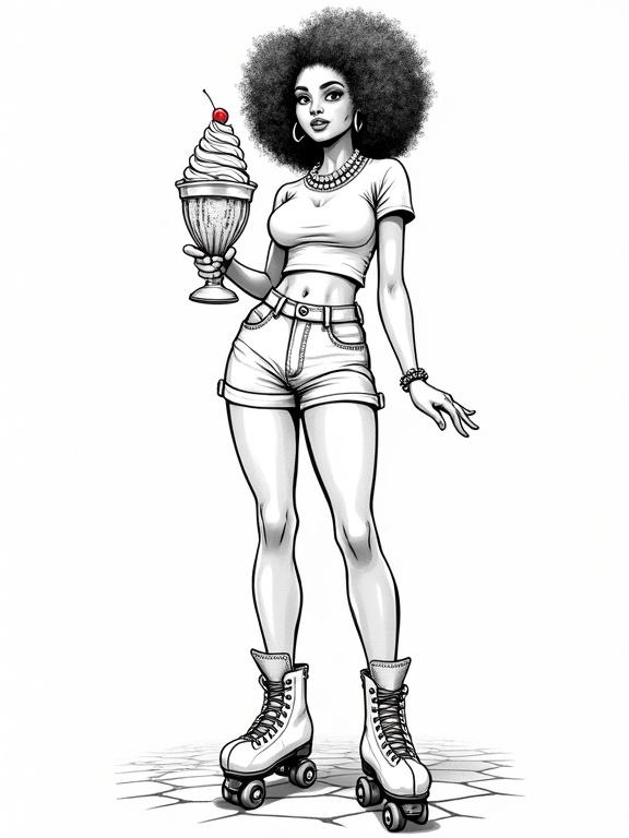 Character illustration of a tall, charismatic mixed-race African American woman. Features an afro, curvy body, and refined facial traits. Wearing high-waisted denim shorts and a cropped t-shirt. Accessories include a pearl necklace and retro glasses. Standing on roller skates with an ice cream sundae. Set in a retro ice cream parlor with checkered floors and vintage elements. Pure black ink lines only, with detailed anatomical accuracy.