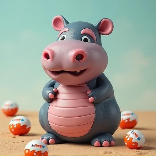 Hippopotamus depicted in a whimsical and cartoonish style. Character has a large head, round body, and friendly features. Colorful design with Kinder Surprise eggs in the foreground.