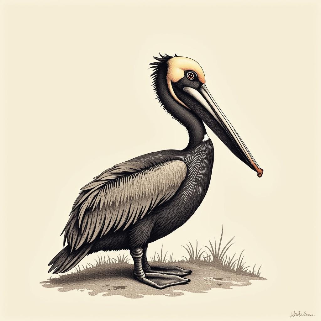 Illustration of a brown pelican featuring a cross hatching art style. The pelican displays detailed feathers and a long beak, positioned on grass.