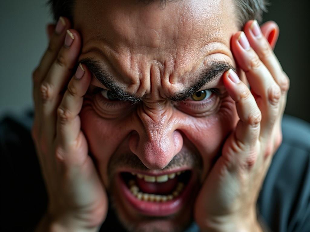 The image showcases a close-up of a person displaying extreme frustration or anger. Their hands are gripping their face tightly, amplifying the emotional tension captured in the moment. Sharp details reveal the fine lines of stress across their forehead. The background is purposefully blurred to draw attention to the intense expression. This portrayal of raw emotion invites viewers to connect with the experience of stress and frustration.