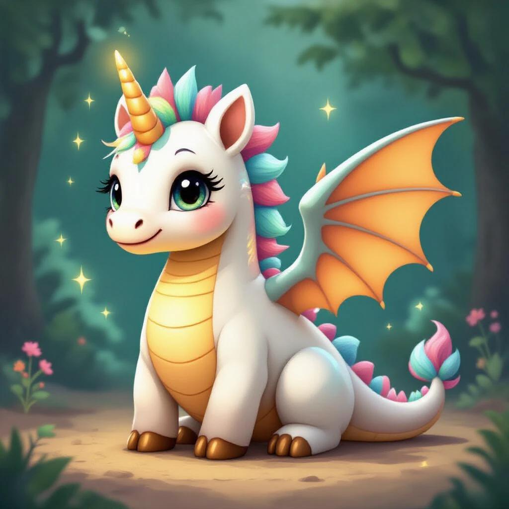 A cute winged unicorn dragon with pastel colors radiates gentle light. It has a cotton-like body with turquoise scales and vibrant orange wings. The creature sits in a magical forest with soft colors and sparkles.