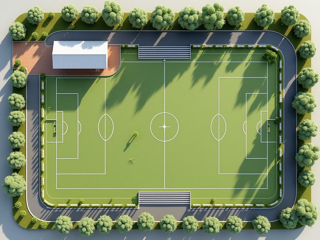 Design a sports complex on land measuring 3441ft long and 259ft wide. Include an office building that is 40ft long and 8ft wide. Add changing and shower facilities for male and female. Include two soccer pitches measuring 60 yards long by 40 yards wide. Add a singles and doubles badminton court, a beach volleyball court measuring 16 meters by 8 meters, and a racquetball or squash court. Include a mini gym, a kiddies play area, bleachers for soccer pitches, and a perimeter walking track.