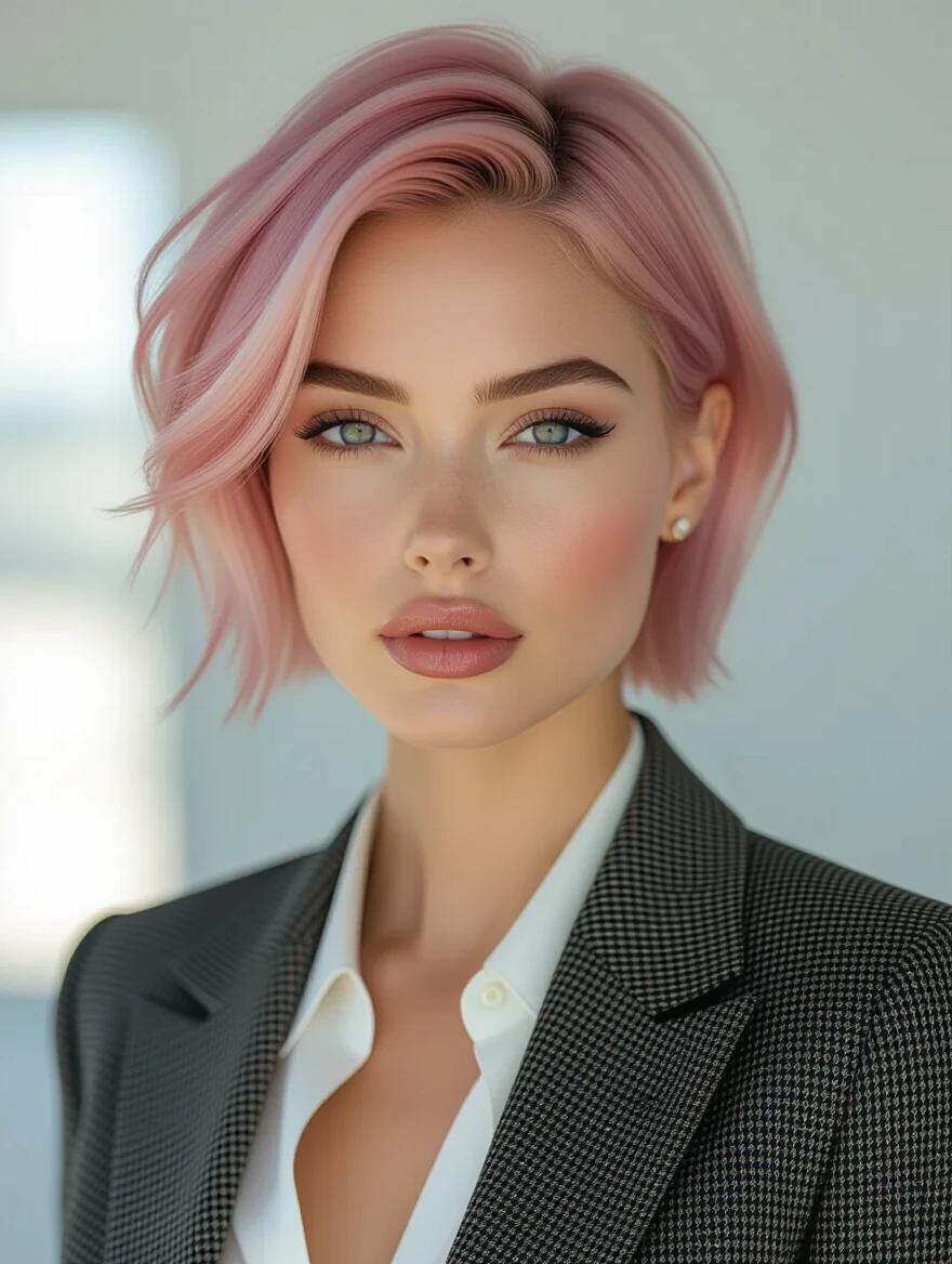 A portrait features a stylish woman with short pink hair and a modern bob cut. She has glowing skin and striking features. Her soft makeup includes a glossy lip. She wears fashionable high-end clothing. The setting is a professional studio with soft lighting. The background is blurred to emphasize the subject. Her expression is captivating and confident.