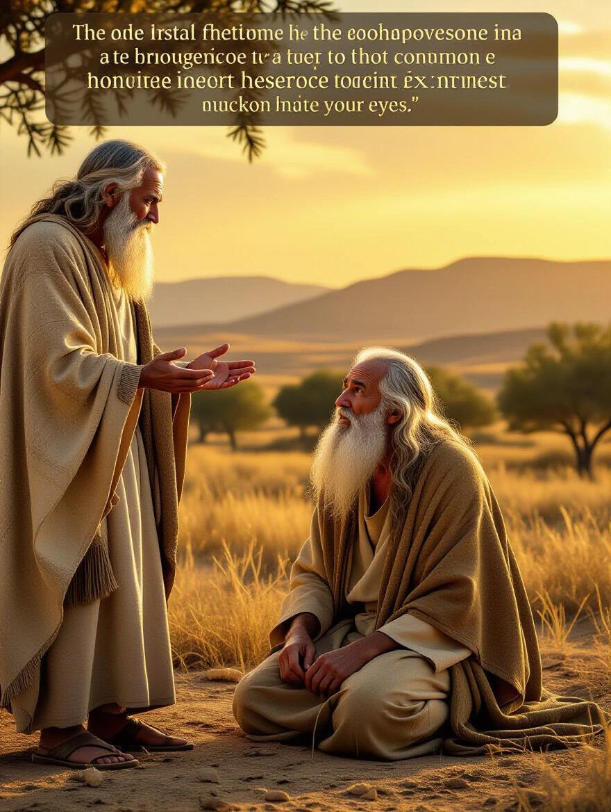 Scene from ancient Israel portrays God speaking to Abraham. Elderly man kneels in a desert field wearing a rustic cloak. Background shows mountains and dusk sky. Emotion of deep anguish mixed with faith.