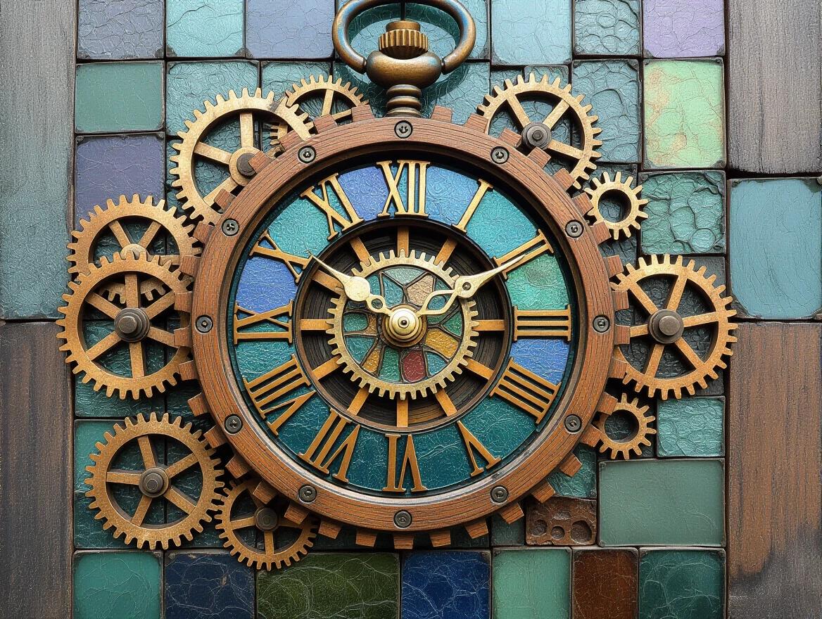 Iridescent ceramic tiles form an abstract mosaic. Ethereal design with encaustic mixed media. Aged wooden gears make a pocket watch.