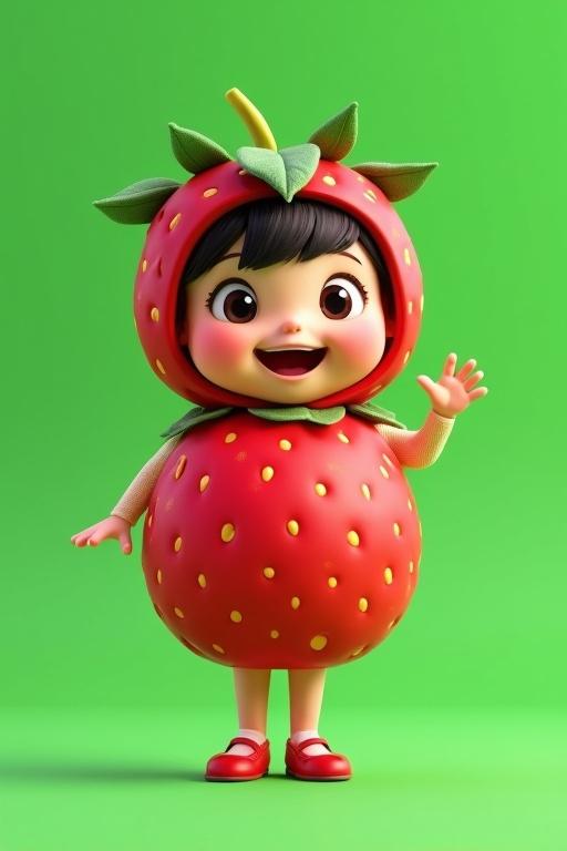 Cute girl wears bright red strawberry costume. Costume is round with seed dots and green leaves. Girl waves joyfully with cheerful smile. Full-body shot with soft lighting and clean green background.