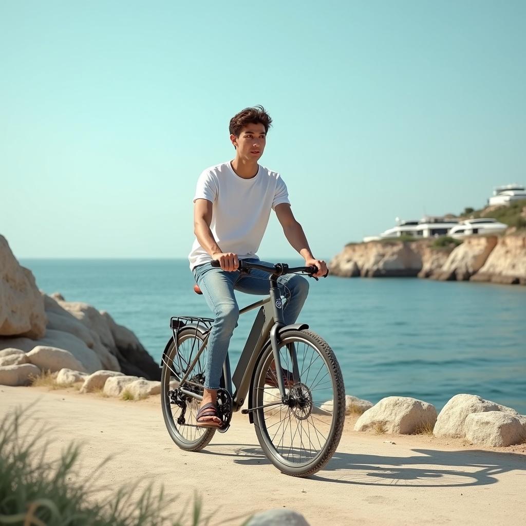 A young man rides a City Bike along a serene coastal path. He wears a simple white t-shirt and jeans, embodying a casual street style. The setting features smooth rock formations and gentle waves beside him. In the background, small cliffs rise above a calm ocean, with yachts parked nearby. The scene is captured in natural daylight, creating subtle shadows that enhance the tranquility of the moment. This image highlights the freedom of cycling against a backdrop of beauty and leisure.