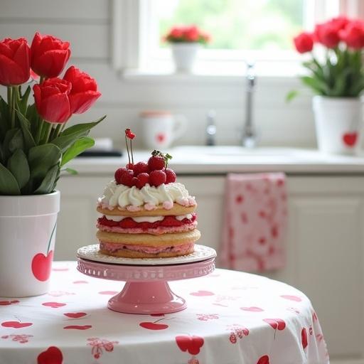A white kitchen with cherry print towels and tablecloth. Red flowers in white pots on either side of the sink. A strawberry and cherry cake with white icing on a cake stand sits on the table.