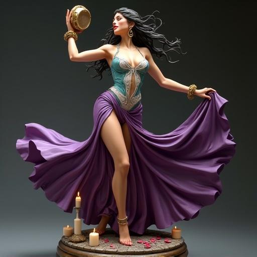 A hyper-detailed collectible resin statue of a seductive and powerful gypsy dancer. She performs an elegant dance with one leg extended. The full skirt swirls dramatically revealing a smooth thigh. Arms raised holding a tambourine. Clothing inspired by Esmeralda. Wearing a low-cut turquoise corset and high-slit purple skirt. Dark hair falls around her shoulders. Accessories include hoop earrings, golden bracelets, and an anklet. Her expression is playful and magnetic with a half smile. The base has antique cobblestones and candles with petals scattered. Studio lighting creates a soft effect.