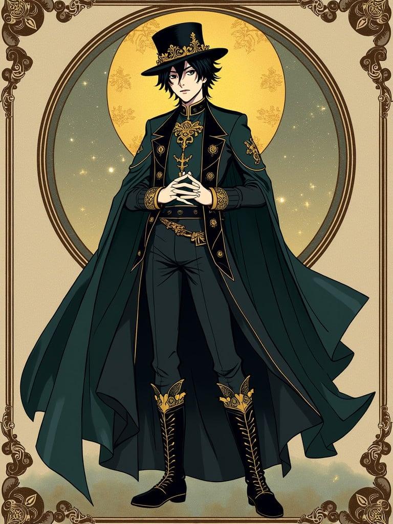 An elegant anime character. Dressed in a Victorian-style outfit. Wears a long cloak and stylish boots. Features intricate patterns and gold accents. Set against a mystical backdrop with a large moon.