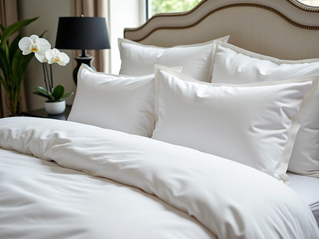 A luxurious hotel bed featuring pure white linen bed sheets. The bed is elegantly made with a multitude of fluffy white pillows, creating an inviting atmosphere. The headboard is adorned with chic detailing, enhancing the overall decor. Next to the bed, a stylish bedside table holds a stylish black lamp and delicate white orchids in a vase. In the background, you can see a hint of greenery, creating a serene and calming environment.