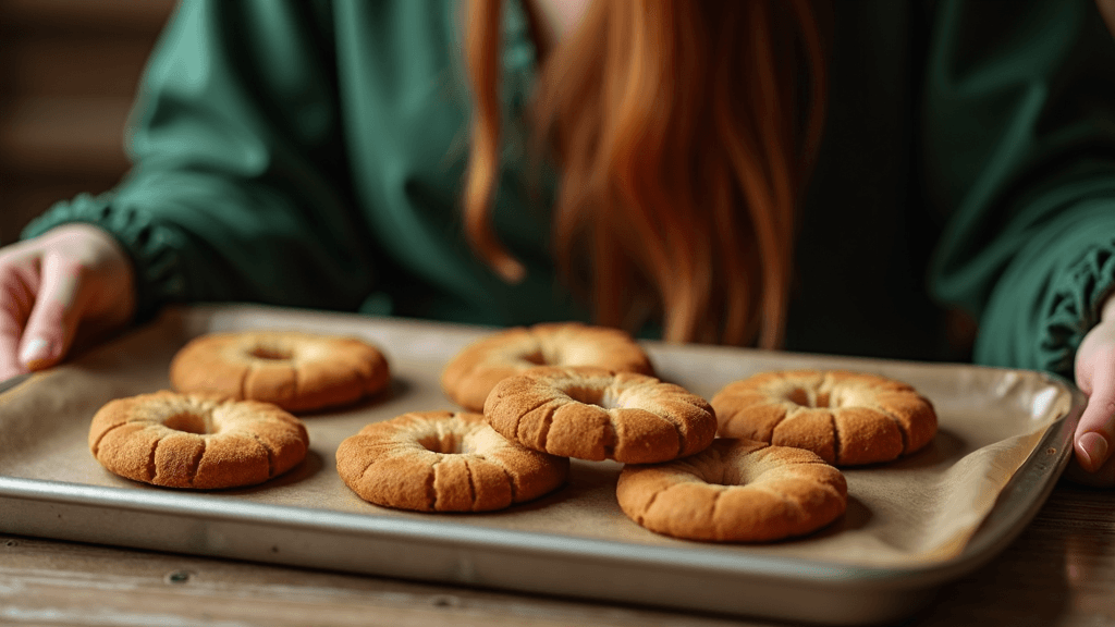 A person holding a baking tray with a batch of round, golden coconut biscuits.