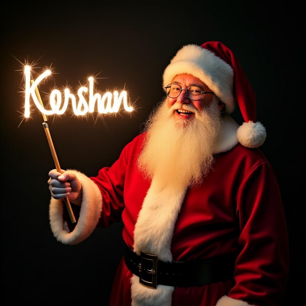 Santa Claus wearing a red and white suit holds a glowing stick with the name Kershan. The background is dark enhancing the glow. The scene captures the magic and joy of Christmas.