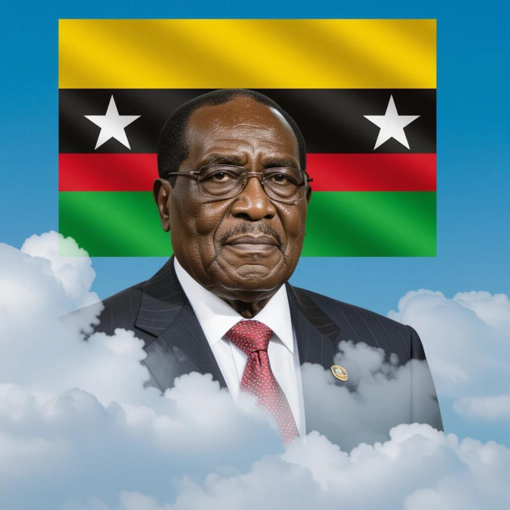 A portrait of a man with glasses wearing a suit. Background features a flag with stripes in yellow black and red. White clouds surround the portrait.