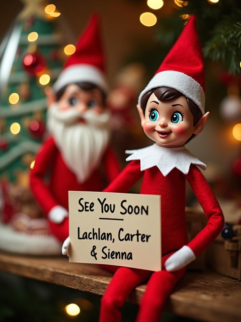 Cheerful elf holds a sign saying 'See You Soon Lachlan, Carter & Sienna'. Dressed in red with white accents. Background features Santa Claus and festive decorations. Inviting Christmas atmosphere.