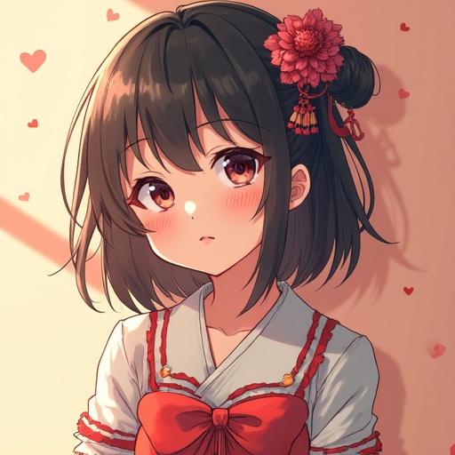 Character illustration of an anime girl. She has short black hair decorated with a flower. She wears a traditional outfit and gives a gentle expression. Background has subtle hearts.