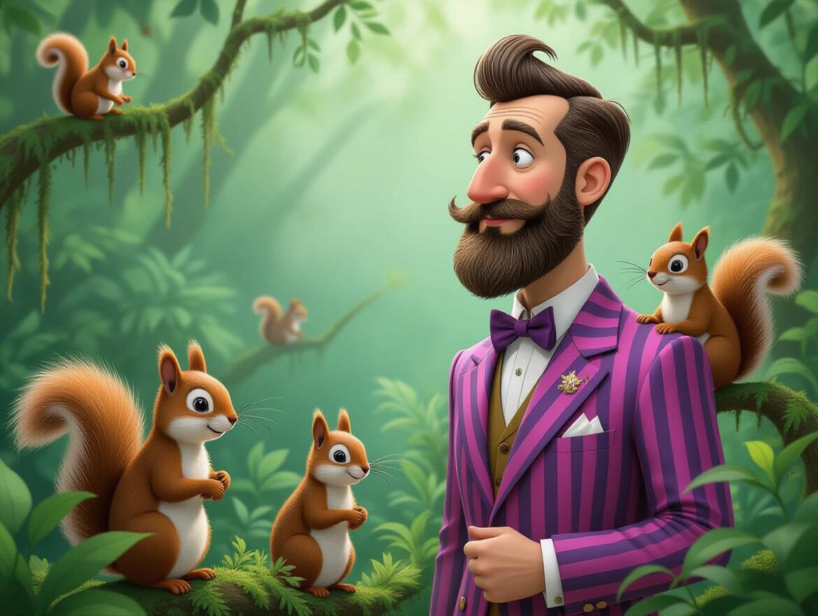 A little bearded man with a very long neck wearing a purple and pink striped suit is surrounded by whimsical squirrels in a vibrant green jungle.