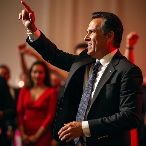 Man dancing joyfully at a social event with an audience in the background. A charismatic politician exuding energy and enthusiasm. Warm ambiance with celebratory atmosphere.