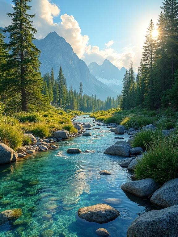 Image of a vibrant mountain landscape with a clear river flowing through. Lush greenery lines the banks, and towering mountains rise in the background. Blue sky with fluffy clouds and sunlight illuminating the scene. Captures tranquility and natural beauty in a serene setting.