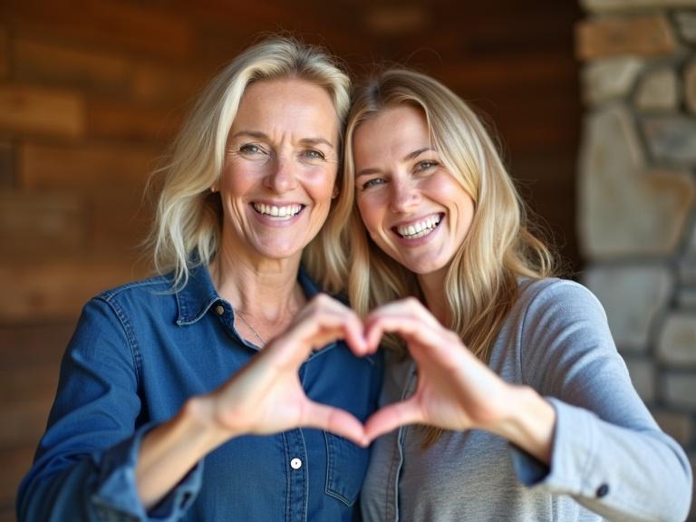 A mother and daughter creating a heart shape with their hands. Both have blonde hair and are wearing blue and grey clothing. They are smiling with a warm backdrop of wooden tones. The setting has a joyful and affectionate vibe. Soft focus adds to the lifestyle photography style.