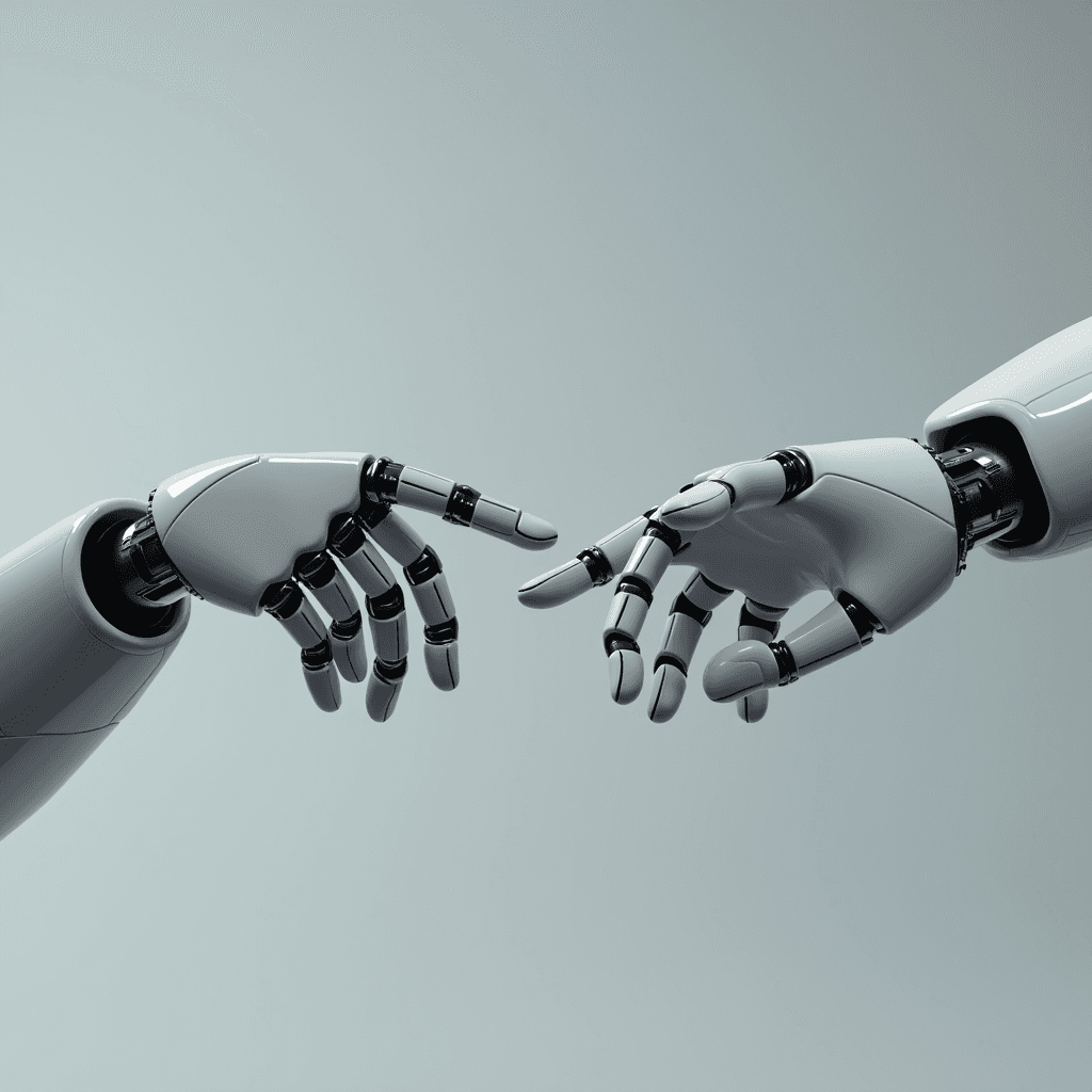 Two robotic hands, intricately designed with sleek metallic surfaces, are reaching towards one another against a soft gradient background, echoing the gesture from Michelangelo's 'Creation of Adam.'