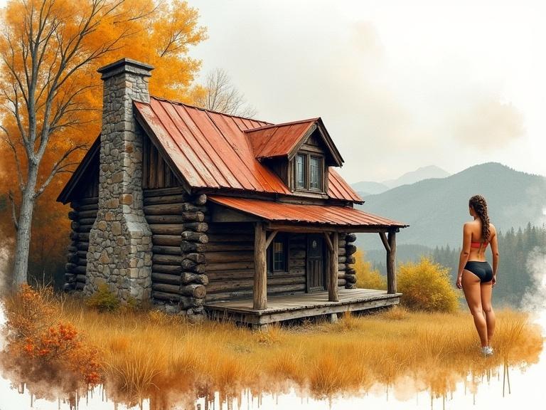 Athletic woman stands near rustic log cabin in autumn forest. The log cabin has weathered wood, a rusty metal roof, and a stone chimney. It is surrounded by tall grasses and trees showing autumn foliage. The scene features warm autumn colors with soft light, emphasizing the aged character of the cabin. This is a watercolor painting showcasing detailed wood textures and a tranquil atmosphere.