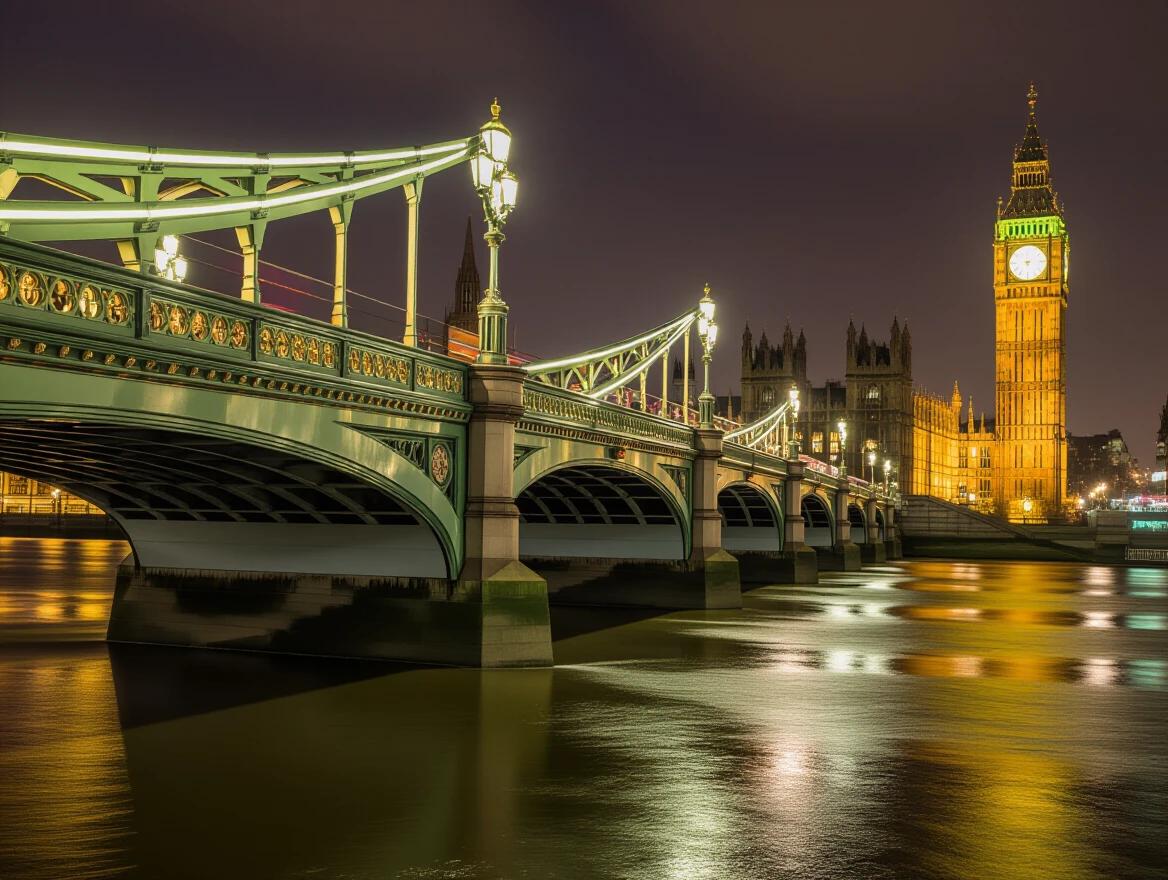 Victorian London scene at night showcasing illuminated bridge and clock tower