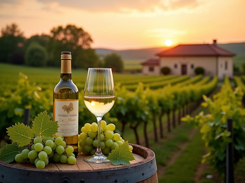 The scene shows a beautiful vineyard during sunset. In the foreground, there is a glass of white wine and a bottle resting on a wooden barrel. Juicy green grapes and vine leaves complement the arrangement. The sprawling vineyard stretches out with rows of grapevines, fading into the soft, warm hues of the evening sky. The soft light illuminates the green grapes, highlighting their freshness. The distant rustic building adds to the peaceful ambiance of a vineyard at dusk.