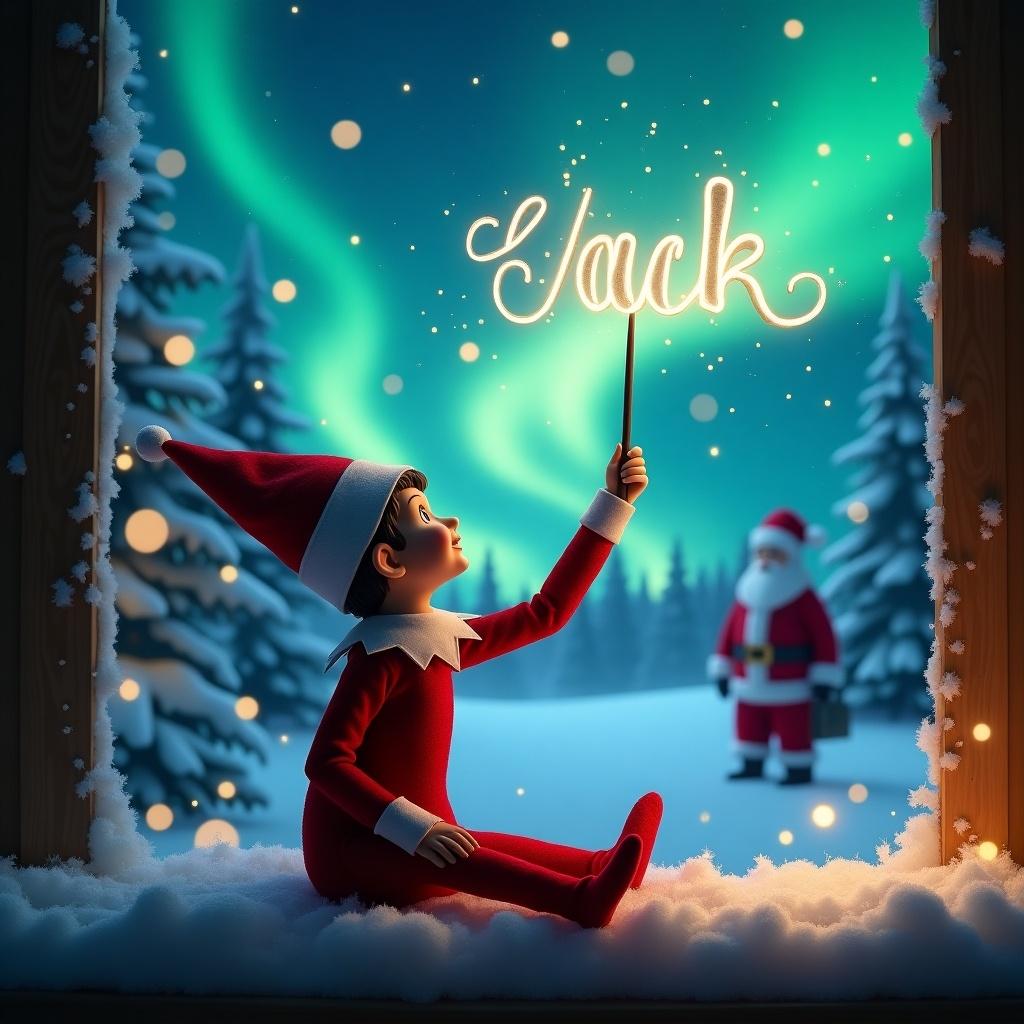 Christmas scene features elf on shelf. Elf sits with back to viewers. It uses wand to write name 'Jack' in night sky. Background has beautiful northern lights and distant Santa Claus. Snow covers ground creating winter wonderland. Captures holiday joy and wonder.