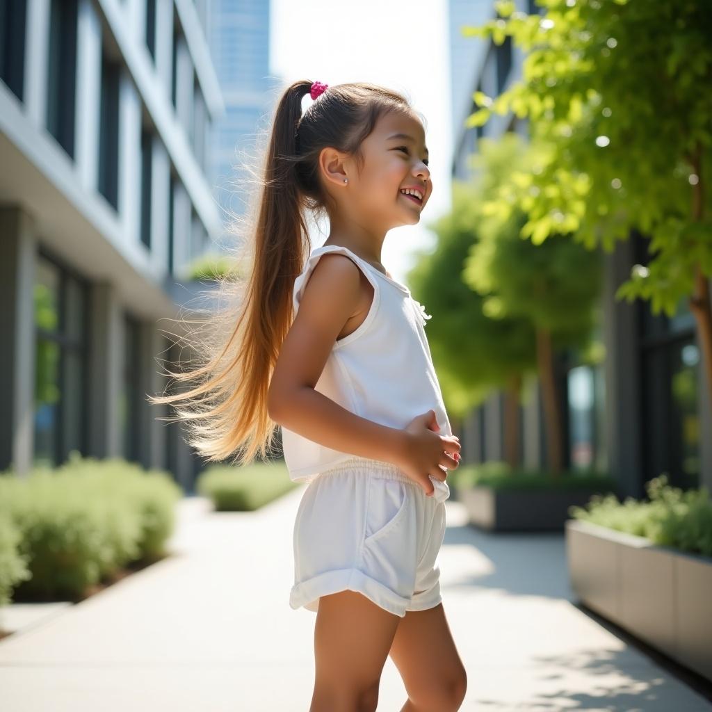 Young girl standing outdoors in an urban area. She has long flowing hair tied into a ponytail. Wearing a white two-piece outfit. She is turning slightly as she smiles softly. Background includes modern buildings and lush greenery. Bright and cheerful lighting highlights joyful expression. Overall feel is light-hearted and vibrant.