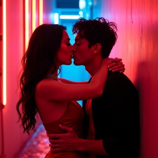 Couple kisses passionately in a narrow neon corridor. The woman wears a red satin dress and diamond choker. Black wavy hair frames her face. She holds the man close, who has tousled black hair and a faint scar. His black shirt is open. Red and blue neon tubes illuminate the walls. Reflections and mist create a dramatic setting. 8K Ultra HD with cinematic lighting and high clarity details.