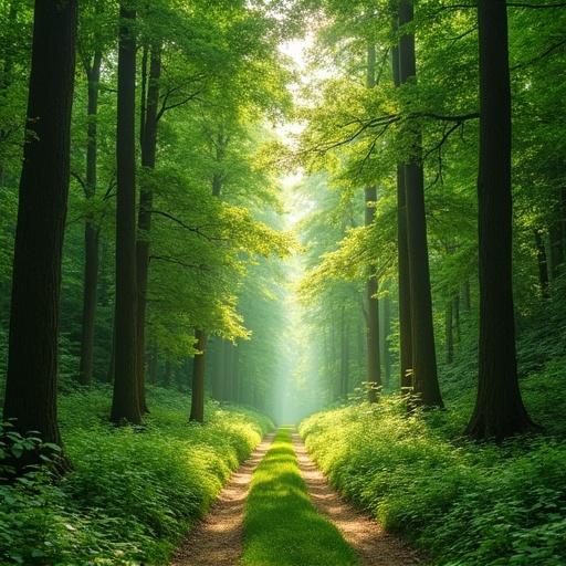 Lush forest scene with tall green trees. Sunlit pathway leads into the distance. Light filters through the canopy. Green undergrowth and soft sunlight create a serene atmosphere.