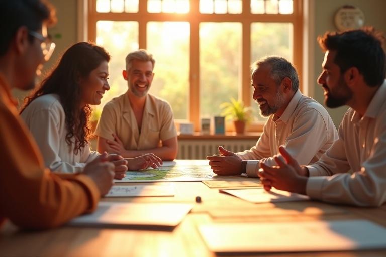 A group of visionary Indian scientists and administrators in a sunlit meeting room. They discuss passionately around a table with maps and charts. Faces glow with determination under bright daylight. Scene features vibrant wooden textures and colorful charts.