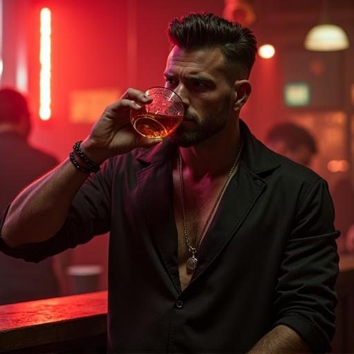 A muscular man with a scowl drinks whiskey in a punk nightclub setting. Dim lighting enhances the nightlife vibe with colorful accents.