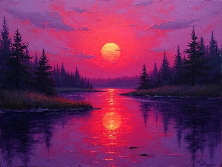 Vibrant purple and red-tinged river with deep crimson scarlet magenta and purple sky. Oversized setting sun. Expressive impasto style with thick brushstrokes and textured paint.
