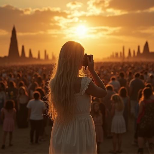 Image of a girl filming sunset with crowd in Portugal 1917. Platinum blonde girl wearing long dress. Huge crowd of men women children. Warm golden hour light.