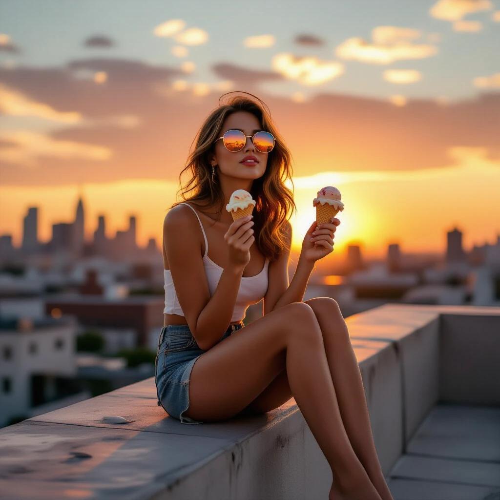 Cinematic hyper-realistic vintage record cover. Young woman sitting on rooftop edge. She holds two melting ice cream cones. Bare feet dangling. Warm orange and pink light from sunset. Calm expression slightly nostalgic. Wearing oversized vintage sunglasses. Reflecting city skyline. Loose waves in hair. Wind catching hair. Soft shallow depth of field. Distant urban landscape blurred. Rich color depth. Sharp detail. Mood is dreamy grounded. Blending nostalgia solitude sweetness. Ideal for summer song.